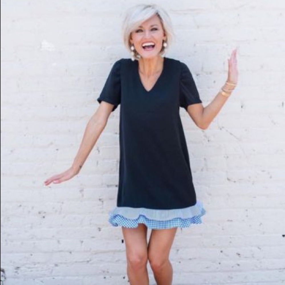 Sonya' V-neck Dress with Blue Plaid Peplum Dress